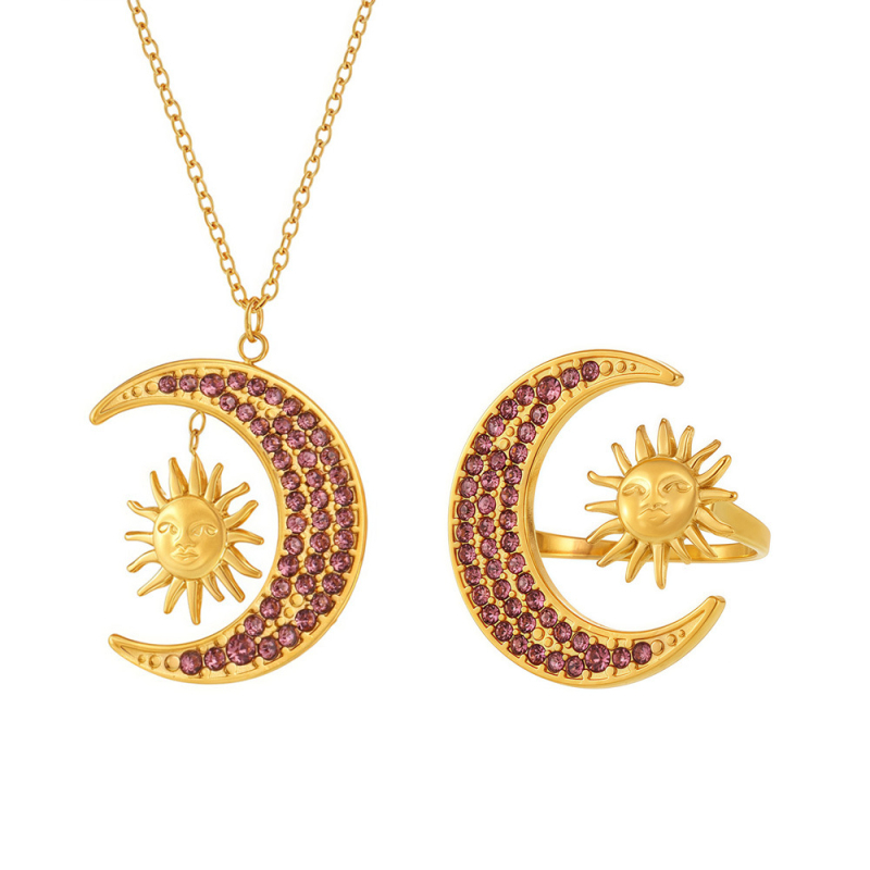 Cirkón gyűrű és nyaklánc készlet titánacécből, elektroplatírozás 18K aranyozás