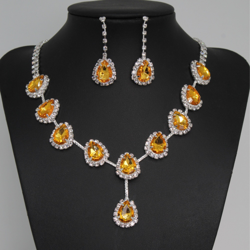 Set naušnica i ogrlica od rhinestones – bakrena kandžasta lančana poveznica, srebrno premaz, dizajn kapljice vode, prilagodljiva duljina ogrlice 50 cm, duljina naušnica 4,3 cm, elegantan vjenčani nakit