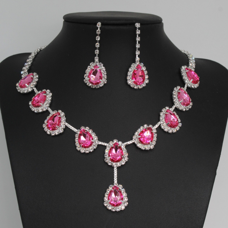 Set naušnica i ogrlica od rhinestones – bakrena kandžasta lančana poveznica, srebrno premaz, dizajn kapljice vode, prilagodljiva duljina ogrlice 50 cm, duljina naušnica 4,3 cm, elegantan vjenčani nakit