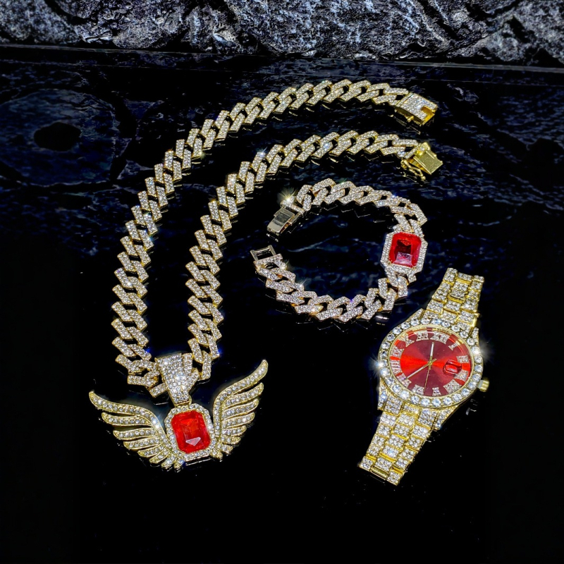 Set nakita: lanac Кубан od legure i narukvica, privjesak s rhinestones, Hip-Hop stil, oblici: srce / kapljica / zvono