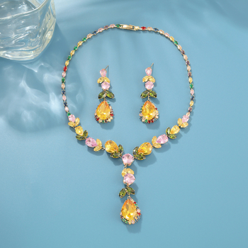 Set ogrlice i naušnica s cvjetnim dragim kamenjem, cirkon ugradnja, bakreni nakit, običan lančić, svjež i sladak stil, proljeće 2025