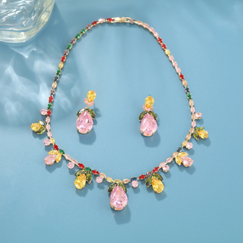 Set ogrlice i naušnica s cvjetnim dragim kamenjem, cirkon ugradnja, bakreni nakit, običan lančić, svjež i sladak stil, proljeće 2025