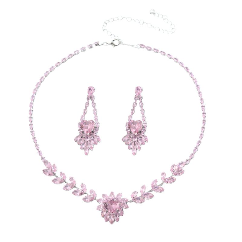 Set ogrlice i naušnica s cvjetnim dragim kamenjem, cirkon ugradnja, bakreni nakit, običan lančić, svjež i sladak stil, proljeće 2025