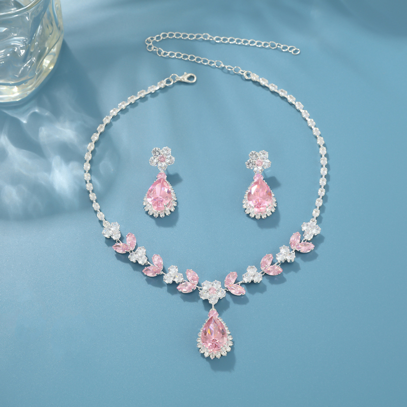 Set ogrlice i naušnica s cvjetnim dragim kamenjem, cirkon ugradnja, bakreni nakit, običan lančić, svjež i sladak stil, proljeće 2025