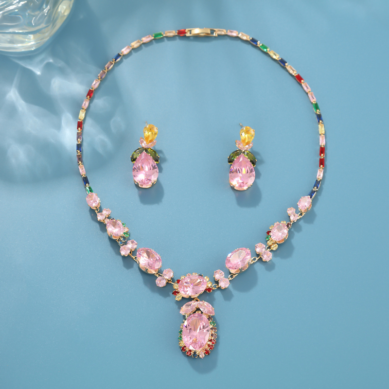 Set ogrlice i naušnica s cvjetnim dragim kamenjem, cirkon ugradnja, bakreni nakit, običan lančić, svjež i sladak stil, proljeće 2025