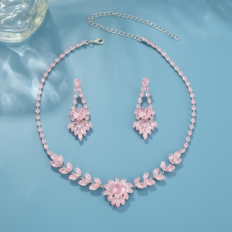 Set ogrlice i naušnica s cvjetnim dragim kamenjem, cirkon ugradnja, bakreni nakit, običan lančić, svjež i sladak stil, proljeće 2025