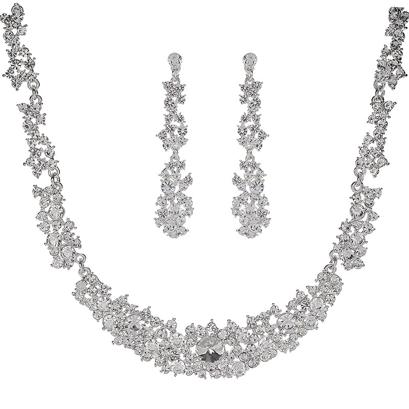 Set ogrlice i naušnica za mladenku u europskom stilu s rhinestones, legura, elektropiranje, duljina 41–50 cm
