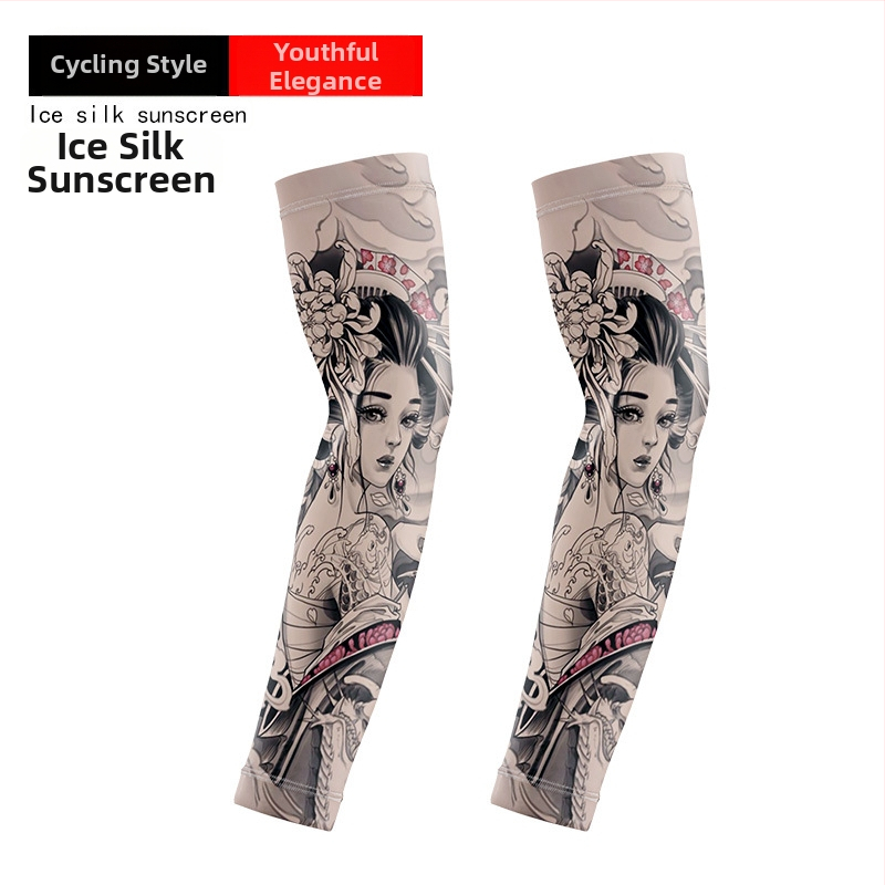 Μανσέτες ποδηλασίας με σχέδιο τατουάζ λουλουδιών – ύφασμα Ice Silk, UV προστασία, πολυεστέρας με έως 10% σπάντεξ