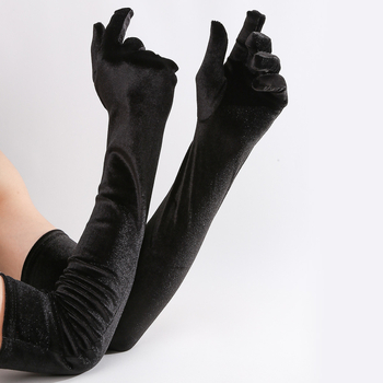 Sievietēm garas samta elastīgās cimdi, siltas ziemai un rudenim, vakara pasākumiem (bankets, balles, opera, dejošana) — materiāls: samts; funkcija: termiska; stils: oriģinālais dizains