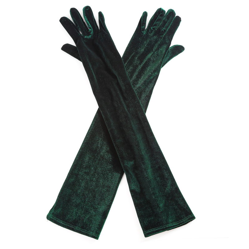 Sievietēm garas samta elastīgās cimdi, siltas ziemai un rudenim, vakara pasākumiem (bankets, balles, opera, dejošana) — materiāls: samts; funkcija: termiska; stils: oriģinālais dizains