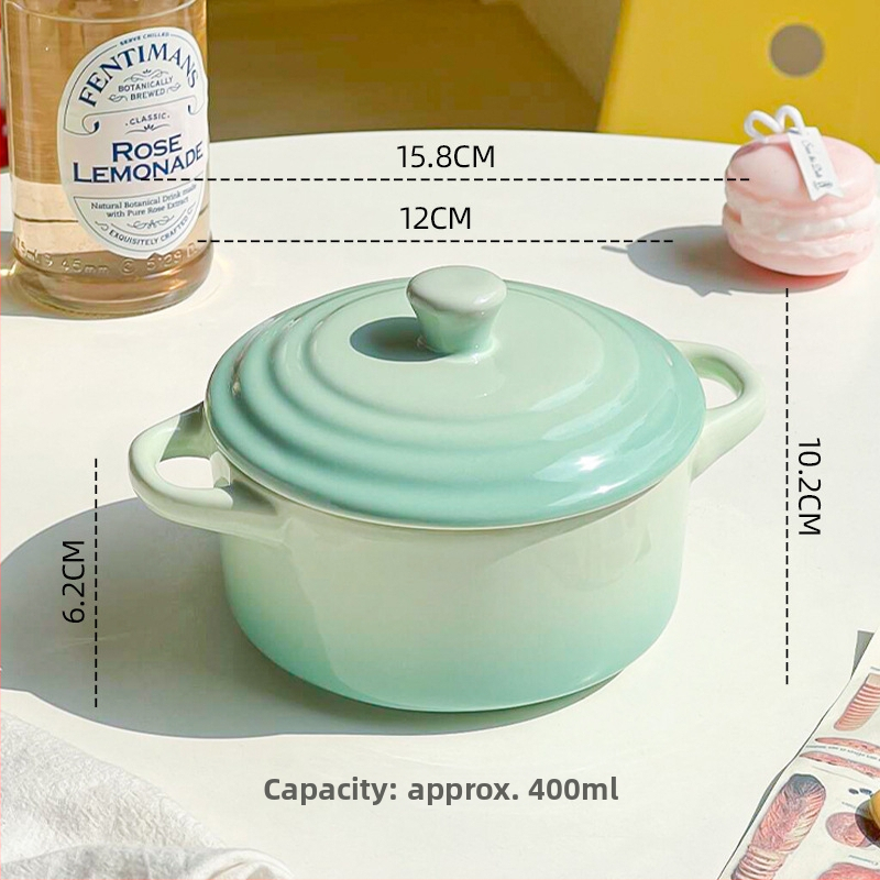 Keraminė dubenėlė su dangteliu ir dviem rankenėlėmis, tinkama mikrobangoms, apvalios formos, skirta kiaušinių garinimui ir vandens vonelėje troškinimui