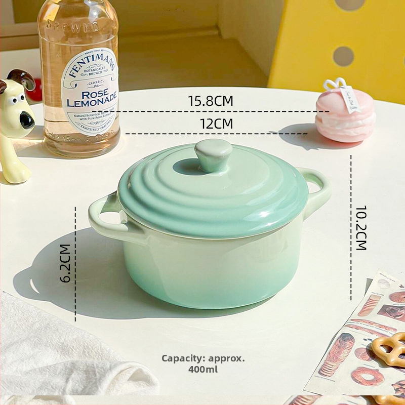 Keraminė dubenėlė su dangteliu ir dviem rankenėlėmis, tinkama mikrobangoms, apvalios formos, skirta kiaušinių garinimui ir vandens vonelėje troškinimui