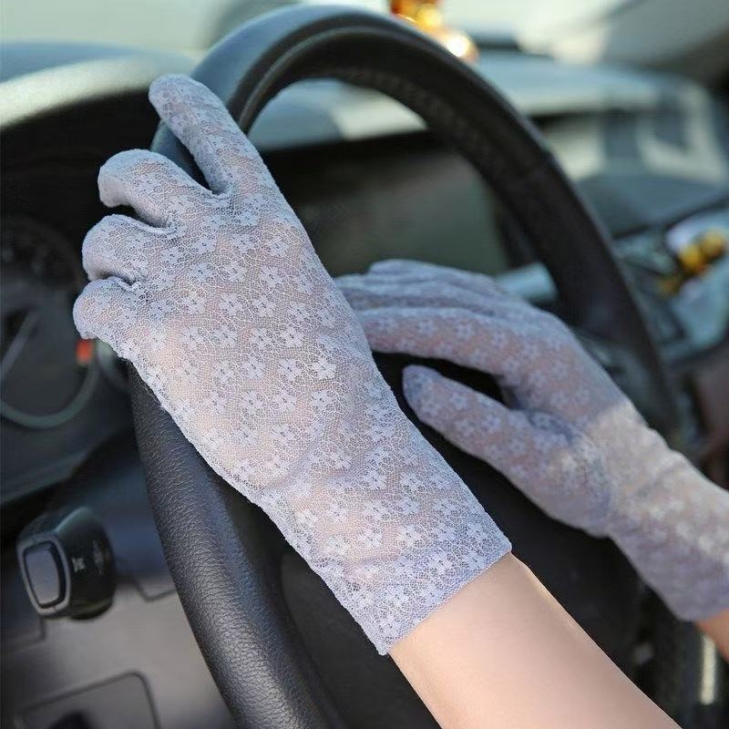 UV apsaugos pirštinės su nėriniu, elastinės, vieno dydžio, neslystančios, vairavimui ir lauko naudojimui, poliesteris