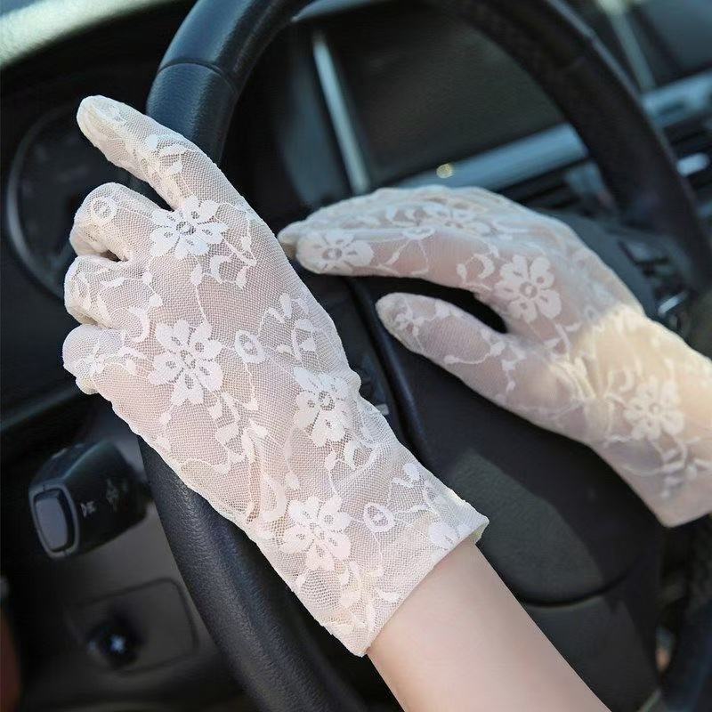 UV apsaugos pirštinės su nėriniu, elastinės, vieno dydžio, neslystančios, vairavimui ir lauko naudojimui, poliesteris