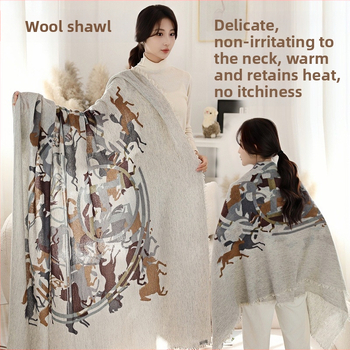 Φουλάρι από μαλλί αρνιού με εκτύπωση, εθνοτικό στυλ, διπλής χρήσης (φουλάρι-σάλι), χοντρό για όλες τις εποχές