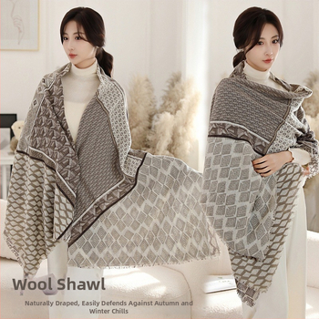 Φουλάρι από μαλλί αρνιού με εκτύπωση, εθνοτικό στυλ, διπλής χρήσης (φουλάρι-σάλι), χοντρό για όλες τις εποχές