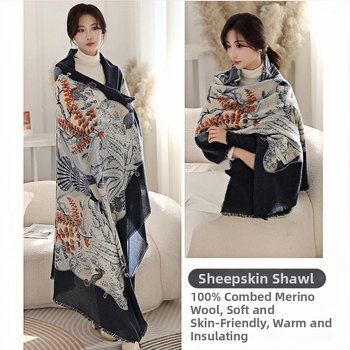 Φουλάρι από μαλλί αρνιού με εκτύπωση, εθνοτικό στυλ, διπλής χρήσης (φουλάρι-σάλι), χοντρό για όλες τις εποχές