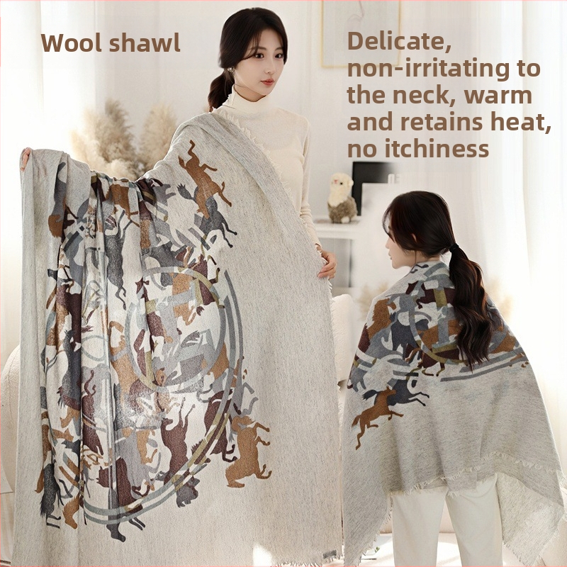 Φουλάρι από μαλλί αρνιού με εκτύπωση, εθνοτικό στυλ, διπλής χρήσης (φουλάρι-σάλι), χοντρό για όλες τις εποχές