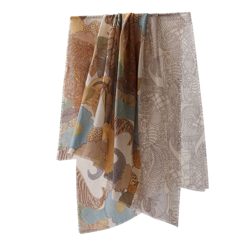 Φουλάρι από μαλλί αρνιού με εκτύπωση, εθνοτικό στυλ, διπλής χρήσης (φουλάρι-σάλι), χοντρό για όλες τις εποχές