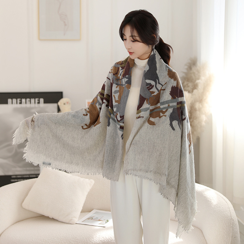 Φουλάρι από μαλλί αρνιού με εκτύπωση, εθνοτικό στυλ, διπλής χρήσης (φουλάρι-σάλι), χοντρό για όλες τις εποχές