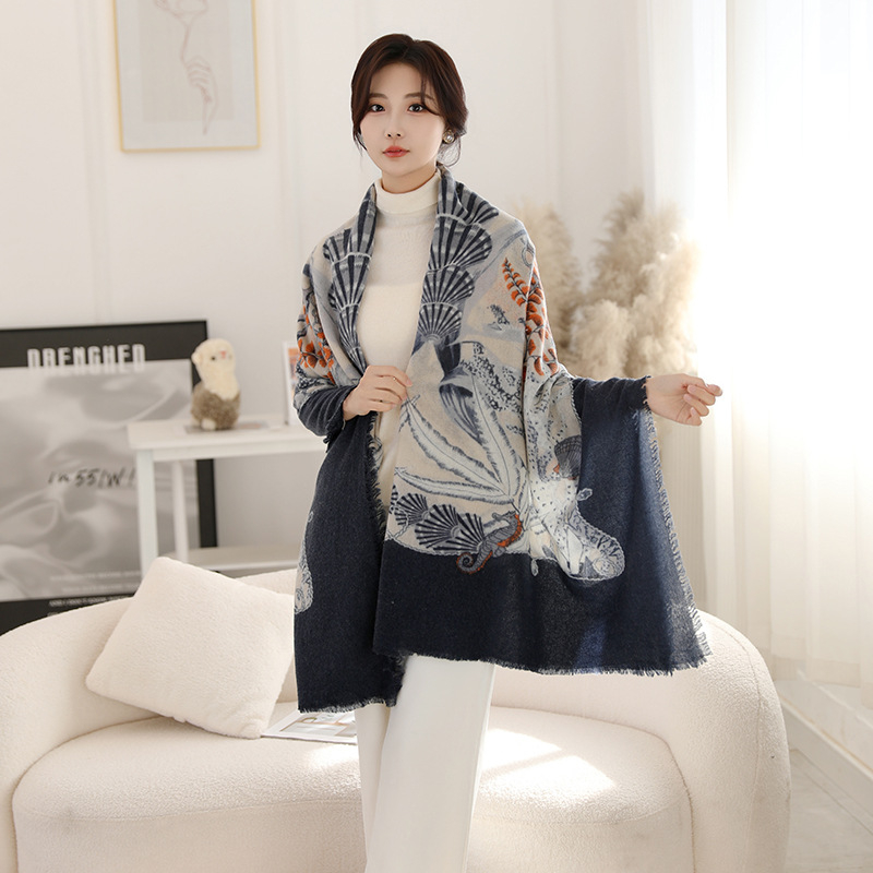 Φουλάρι από μαλλί αρνιού με εκτύπωση, εθνοτικό στυλ, διπλής χρήσης (φουλάρι-σάλι), χοντρό για όλες τις εποχές