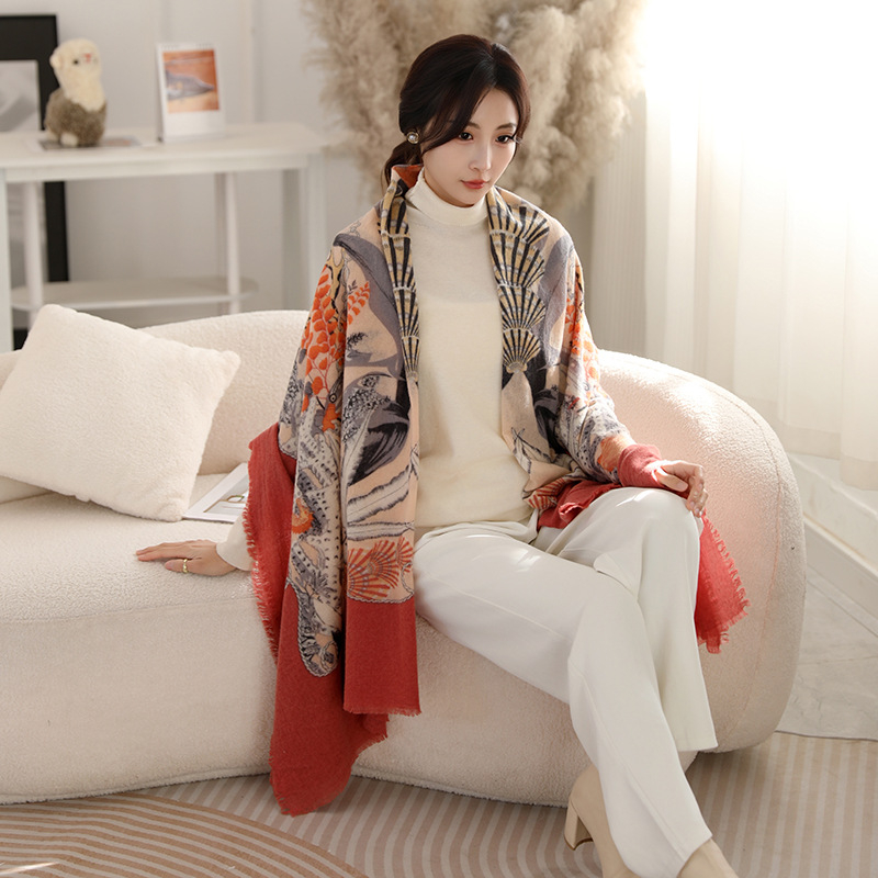 Φουλάρι από μαλλί αρνιού με εκτύπωση, εθνοτικό στυλ, διπλής χρήσης (φουλάρι-σάλι), χοντρό για όλες τις εποχές