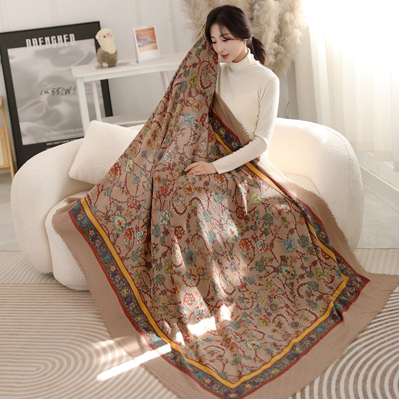 Φουλάρι από μαλλί αρνιού με εκτύπωση, εθνοτικό στυλ, διπλής χρήσης (φουλάρι-σάλι), χοντρό για όλες τις εποχές