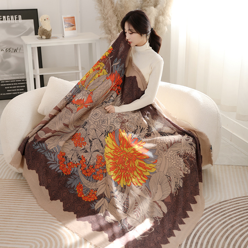 Φουλάρι από μαλλί αρνιού με εκτύπωση, εθνοτικό στυλ, διπλής χρήσης (φουλάρι-σάλι), χοντρό για όλες τις εποχές