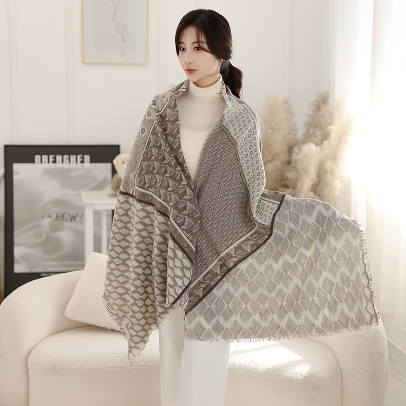 Φουλάρι από μαλλί αρνιού με εκτύπωση, εθνοτικό στυλ, διπλής χρήσης (φουλάρι-σάλι), χοντρό για όλες τις εποχές