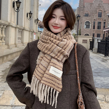 Κασκόλ γυναικείου τύπου από μαλλί με αίσθηση συνθετικού κασμίρ, μοτίβο color-block με ρίγες και καρό, κορεατικού στυλ για τον χειμώνα, Haolu