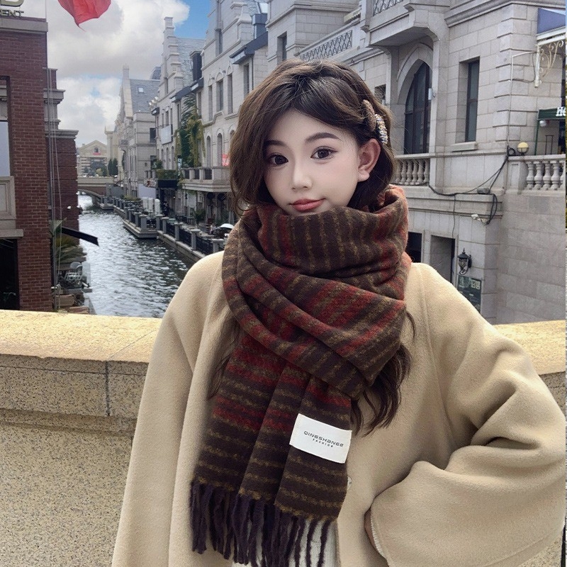 Κασκόλ γυναικείου τύπου από μαλλί με αίσθηση συνθετικού κασμίρ, μοτίβο color-block με ρίγες και καρό, κορεατικού στυλ για τον χειμώνα, Haolu