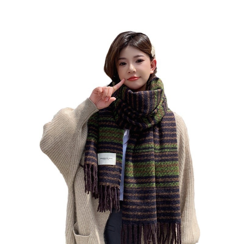 Κασκόλ γυναικείου τύπου από μαλλί με αίσθηση συνθετικού κασμίρ, μοτίβο color-block με ρίγες και καρό, κορεατικού στυλ για τον χειμώνα, Haolu