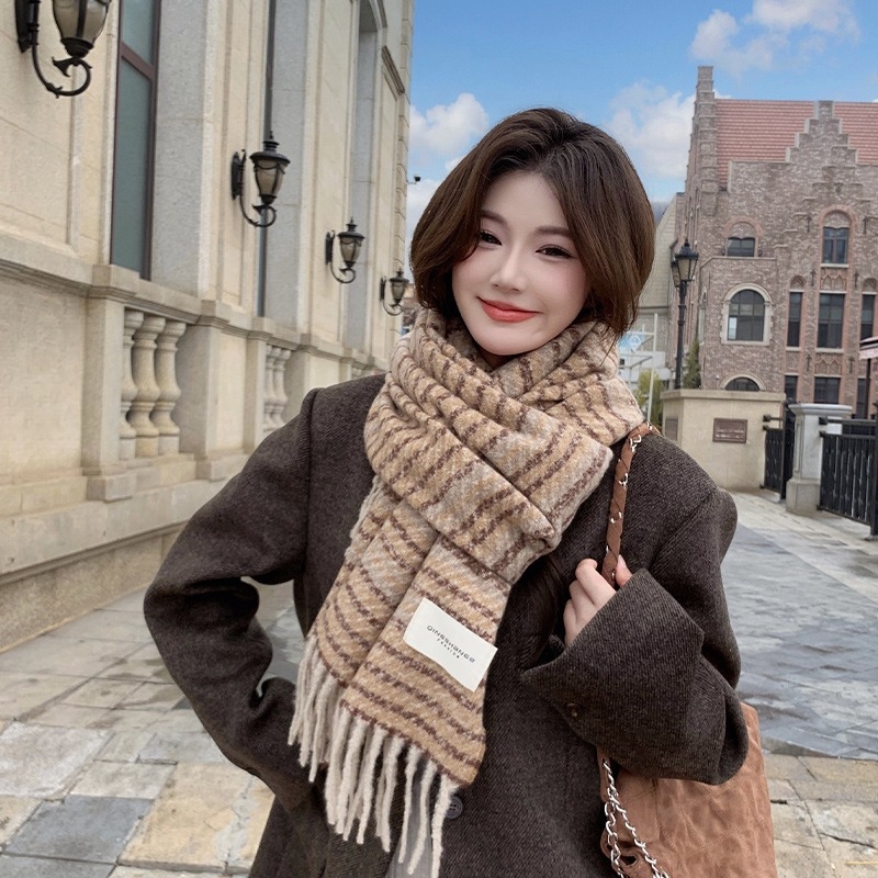 Κασκόλ γυναικείου τύπου από μαλλί με αίσθηση συνθετικού κασμίρ, μοτίβο color-block με ρίγες και καρό, κορεατικού στυλ για τον χειμώνα, Haolu