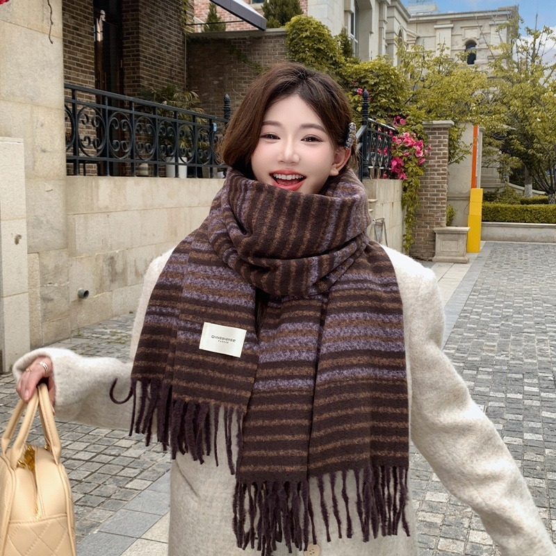 Κασκόλ γυναικείου τύπου από μαλλί με αίσθηση συνθετικού κασμίρ, μοτίβο color-block με ρίγες και καρό, κορεατικού στυλ για τον χειμώνα, Haolu