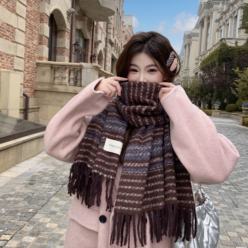 Κασκόλ γυναικείου τύπου από μαλλί με αίσθηση συνθετικού κασμίρ, μοτίβο color-block με ρίγες και καρό, κορεατικού στυλ για τον χειμώνα, Haolu