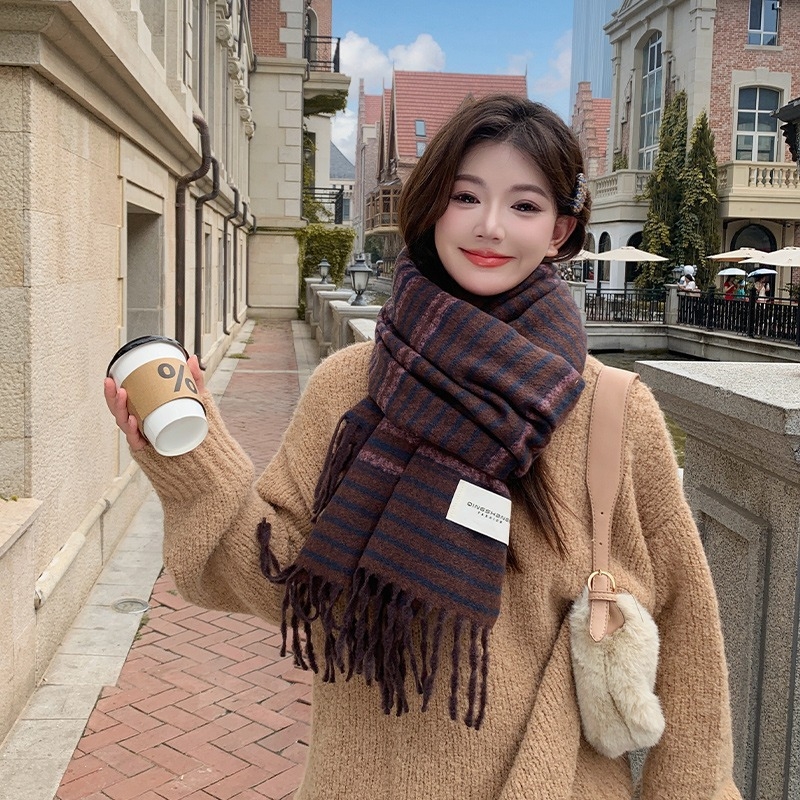 Κασκόλ γυναικείου τύπου από μαλλί με αίσθηση συνθετικού κασμίρ, μοτίβο color-block με ρίγες και καρό, κορεατικού στυλ για τον χειμώνα, Haolu