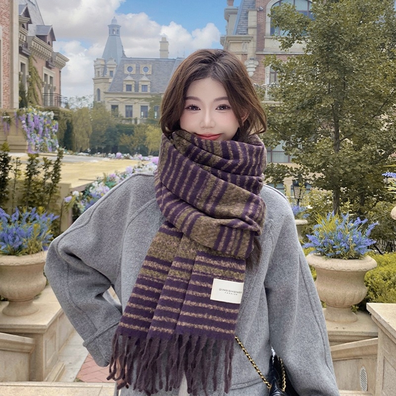 Κασκόλ γυναικείου τύπου από μαλλί με αίσθηση συνθετικού κασμίρ, μοτίβο color-block με ρίγες και καρό, κορεατικού στυλ για τον χειμώνα, Haolu