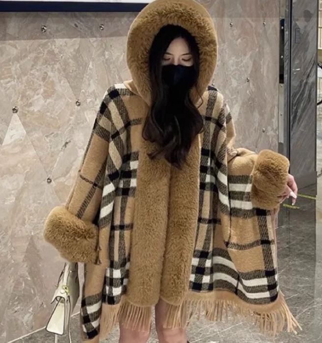 Ženska kapuljača od pliša s kariranim uzorkom, toplo od poliestera, elegantan stil
