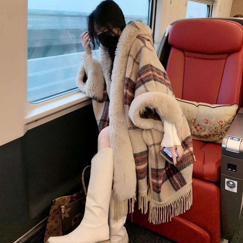 Ženska kapuljača od pliša s kariranim uzorkom, toplo od poliestera, elegantan stil