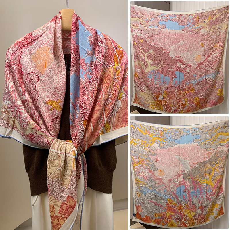 Dvostrano otisnuti šal od svile i vune za žene, topao i stilski, podrijetlo Hangzhou, tkanina twill, Jacquard završna obrada, kvadratnog oblika, moderan stil