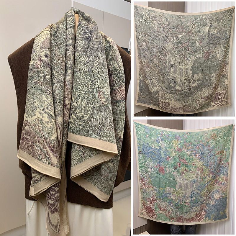 Dvostrano otisnuti šal od svile i vune za žene, topao i stilski, podrijetlo Hangzhou, tkanina twill, Jacquard završna obrada, kvadratnog oblika, moderan stil