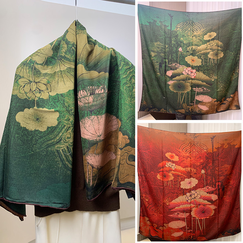 Dvostrano otisnuti šal od svile i vune za žene, topao i stilski, podrijetlo Hangzhou, tkanina twill, Jacquard završna obrada, kvadratnog oblika, moderan stil