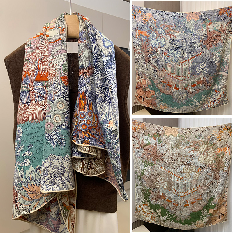 Dvostrano otisnuti šal od svile i vune za žene, topao i stilski, podrijetlo Hangzhou, tkanina twill, Jacquard završna obrada, kvadratnog oblika, moderan stil