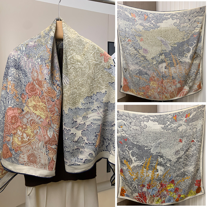 Dvostrano otisnuti šal od svile i vune za žene, topao i stilski, podrijetlo Hangzhou, tkanina twill, Jacquard završna obrada, kvadratnog oblika, moderan stil
