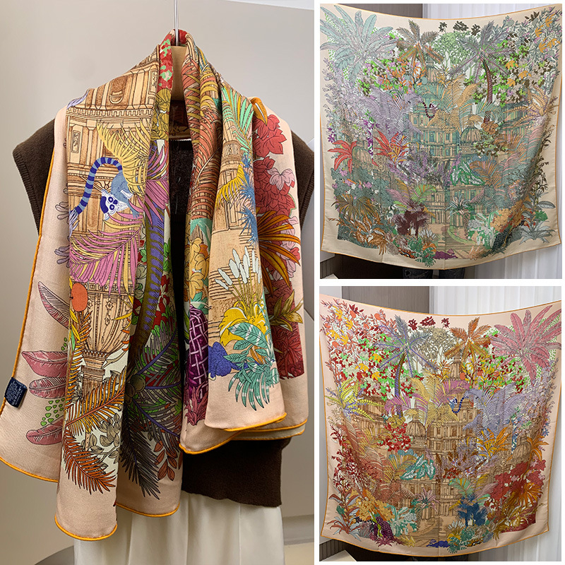 Dvostrano otisnuti šal od svile i vune za žene, topao i stilski, podrijetlo Hangzhou, tkanina twill, Jacquard završna obrada, kvadratnog oblika, moderan stil