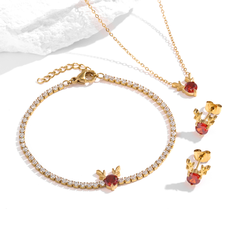 Nőknek szóló antler ékszerszett: titán-acél, cirkón inlay, keresztláncos nyaklánc, fülbevalók és karkötő, állatmotívumok