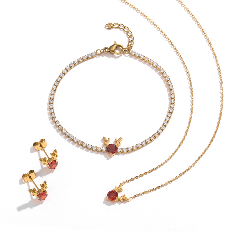 Nőknek szóló antler ékszerszett: titán-acél, cirkón inlay, keresztláncos nyaklánc, fülbevalók és karkötő, állatmotívumok