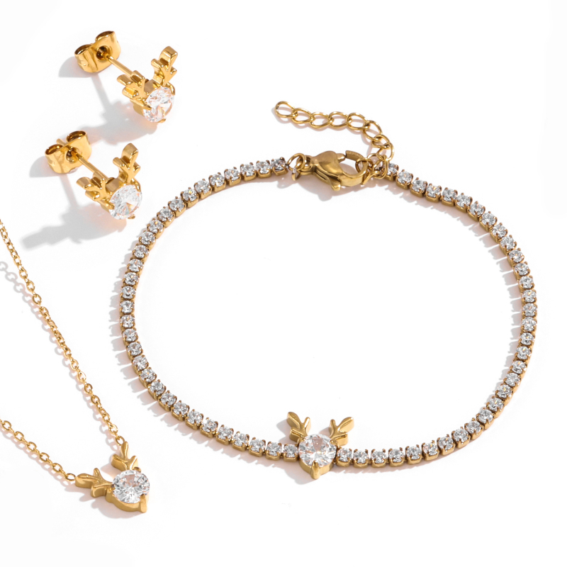 Nőknek szóló antler ékszerszett: titán-acél, cirkón inlay, keresztláncos nyaklánc, fülbevalók és karkötő, állatmotívumok