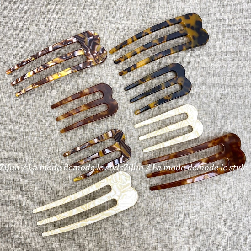 Щипка за коса с три зъба, U-образна форма, материал: оцетна киселина, обработка: изпичане на боя