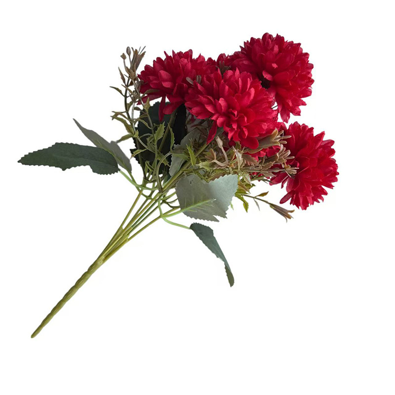 Penghan dirbtinis 6 galvų krizantemų puokštė su vienu kotu, mažas puokštė; medžiagos: plastikas, šilko gėlės, poliesterio audinys; vestuvėms, namų dekorui, nuotraukų rekvizitams